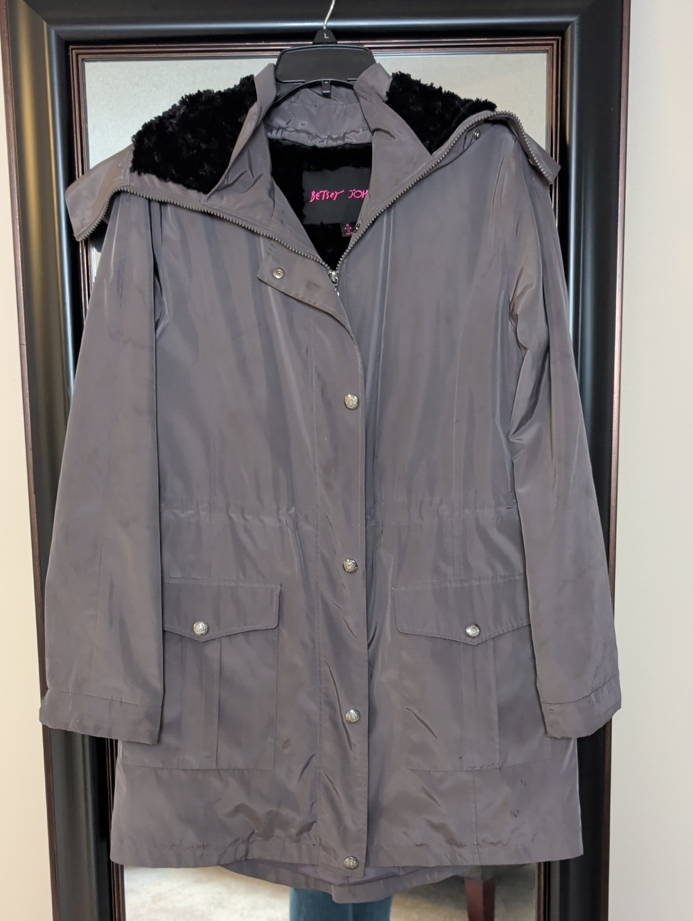 Betsey Johnson Gray Hooded Parka with Removable Faux Fur Lining